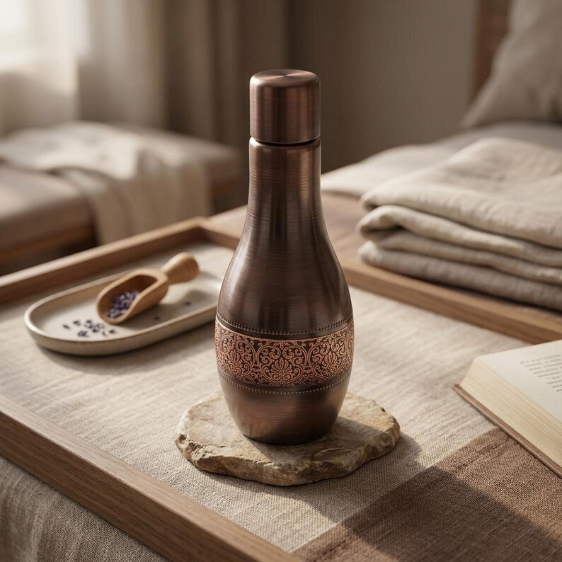 A dark copper bottle with an ornate band sits on a round stone coaster on a wooden tray, with a small wooden scoop of lavender and a book nearby.