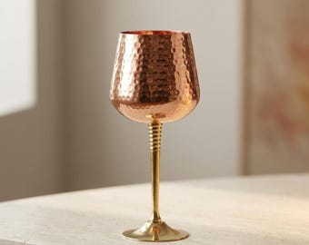 Copper Wine Glass with Hammered Finish, Elegant Brass Stem Goblet