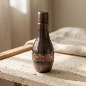 A dark copper bottle with a hammered texture and an ornate band around its middle sits on a light stone surface with a white cloth in the background.