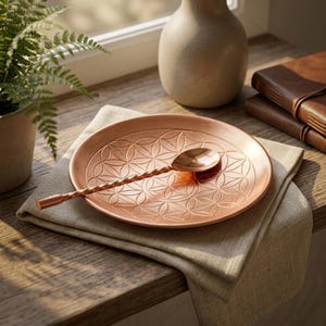 May include: A round copper-toned plate featuring an embossed geometric flower of life pattern, paired with a matching copper-toned spoon that has a twisted handle. The plate and spoon are resting on a folded light beige linen napkin.