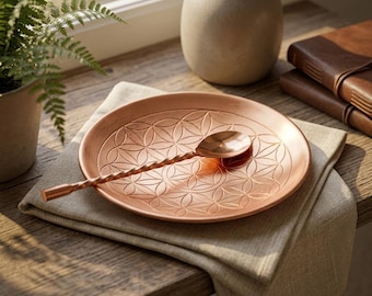 Pure Copper Engraved Plate & Spoon Set - Handcrafted Flower of Life Design, Traditional Copper Thali, Ayurvedic Dining Set, Handmade Gift