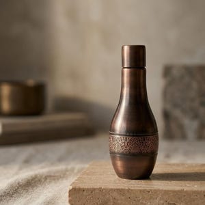 A dark copper bottle with an ornate band around its middle sits on a light stone block, with a blurred background.