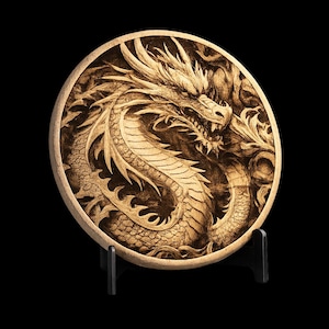 May include: A round, wooden plaque featuring a detailed relief carving of a dragon. The dragon is depicted with intricate scales, a fierce expression, and flowing mane. The plaque is displayed on a black stand against a black background.