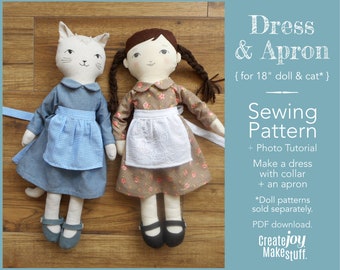 For 18" Rag Doll and Cat - Dress & Apron Sewing Pattern Set - PDF download - Dress up - Cloth doll - Clothing set - Doll clothes pattern