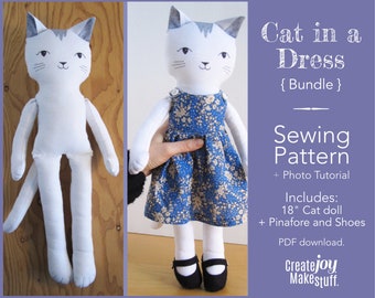 18" Cat Doll Sewing Pattern Bundle - Rag doll pattern with Dress and Shoes - Photo Tutorial - Dress up  - Doll clothes pattern