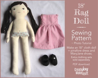 Cloth Doll Sewing Pattern • Rag doll pattern • Dress up doll with dress and shoes • Doll clothes pattern