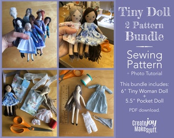 Tiny Rag Doll Pattern Bundle - Cloth Doll Sewing Pattern and Tutorial - Pocket doll - Mini doll pattern