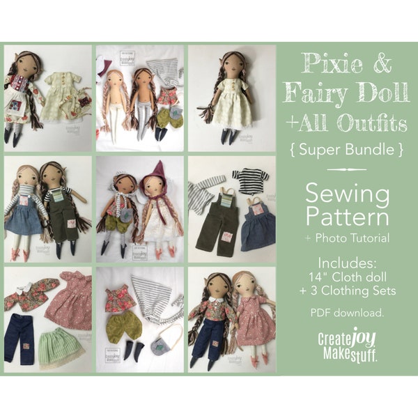 Pixie & Fairy Bundle - Doll + 3 Clothing Sets - Rag Doll Sewing Pattern