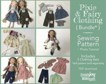 For Pixie doll - All 3 Clothing Sets - Sewing Pattern and Tutorial - Doll clothes pattern - PDF Download - Dress up Rag Doll