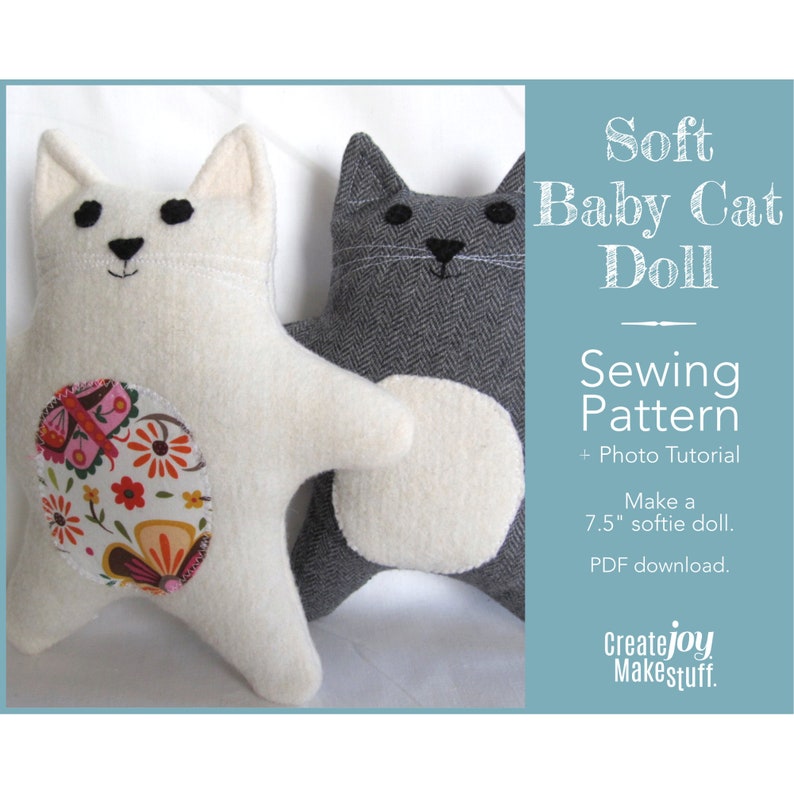 a soft, plump cat doll made with fleece and has a fabric patch on its tummy. sewing pattern to make a little cat softie