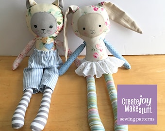 Cat + Rabbit Rag Doll Sewing Pattern PDF – Sew a Handmade 13 Inch Cloth Doll Project