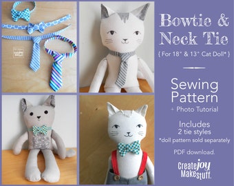 Add on - Bow Tie and Neck Tie for 18" & 13" Cat Dolls (in this shop) - Sewing pattern and tutorial - Bowtie - PDF download