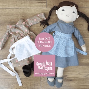 Doll Pattern Bundle : 18" Rag Doll Sewing Pattern and Dress with Apron Set