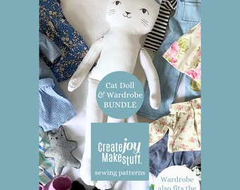 Dress Up Cat Rag Doll Bundle Sewing Pattern – Sew a Handmade 18 Inch Doll + Clothes