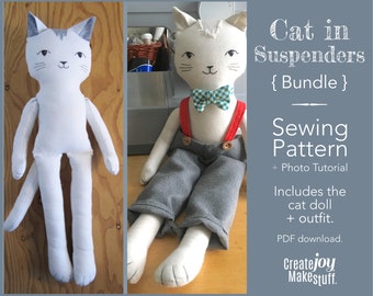 18" Cat Doll Sewing Pattern Bundle - Rag doll pattern - Boy doll - Suspenders, Bowtie - Dress up set - Doll clothes pattern
