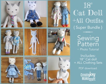 Cat Doll Pattern Bundle - Doll + All 7 Clothing Sets - Rag doll pattern - Sewing Pattern Set - Doll clothes pattern - PDF Tutorial