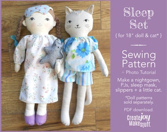 For 18" Doll & Cat - Sleep Set Sewing Pattern - Pajamas PJs Nightgown - Rag doll pattern - Doll clothes pattern