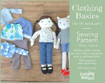 For 18" Doll & Cat - Clothing Basics Sewing Pattern - Pants - Shirt - Skirt - Shoes - Dress up - Rag doll -  Doll clothes pattern