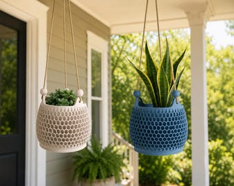 Honeycomb Rope Hanging Planter, Geometric Bioplastic Hanging Plant Pot with Drip Tray, Indoor Outdoor Succulent Planter
