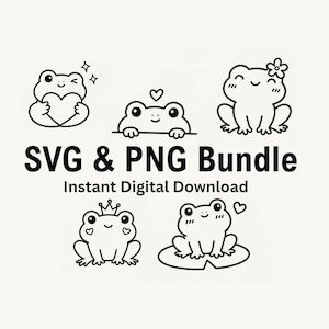 May include: A digital graphic set featuring five black and white line art illustrations of frogs. The text reads SVG & PNG Bundle and Instant Digital Download. The frogs are depicted with various accessories including a heart, a flower, and a crown.
