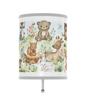 Watercolor Woodland Animals Table Lamp Lampshade Nightlight Baby Girl Nursery Lighting Childrens Room Bedroom Whimsical Floral Forest Decor