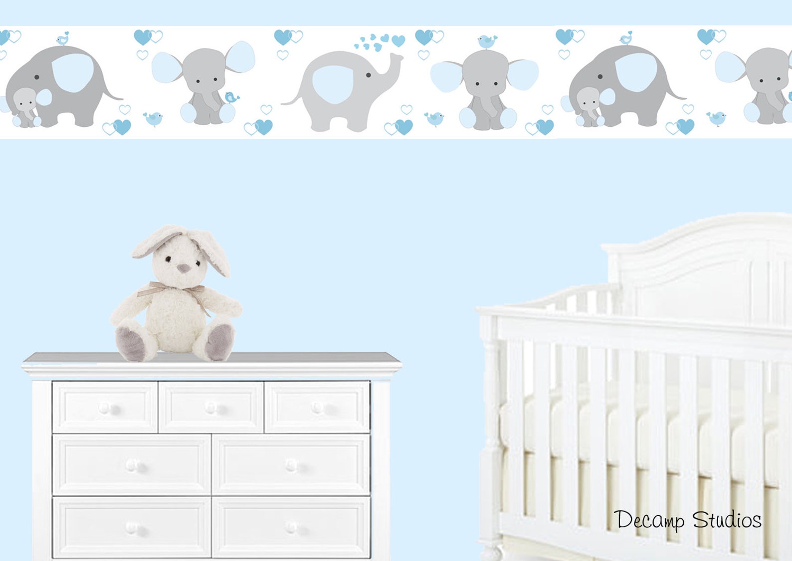 BLUE GREY ELEPHANT Nursery Baby Boy Wallpaper Border Wall