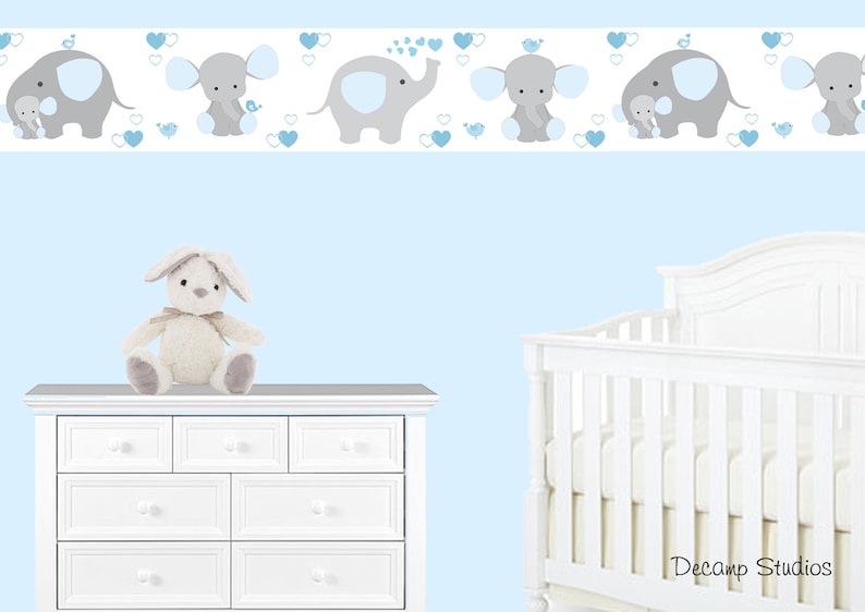 BLUE GREY ELEPHANT Nursery Baby Boy Wallpaper Border Wall Art Etsy