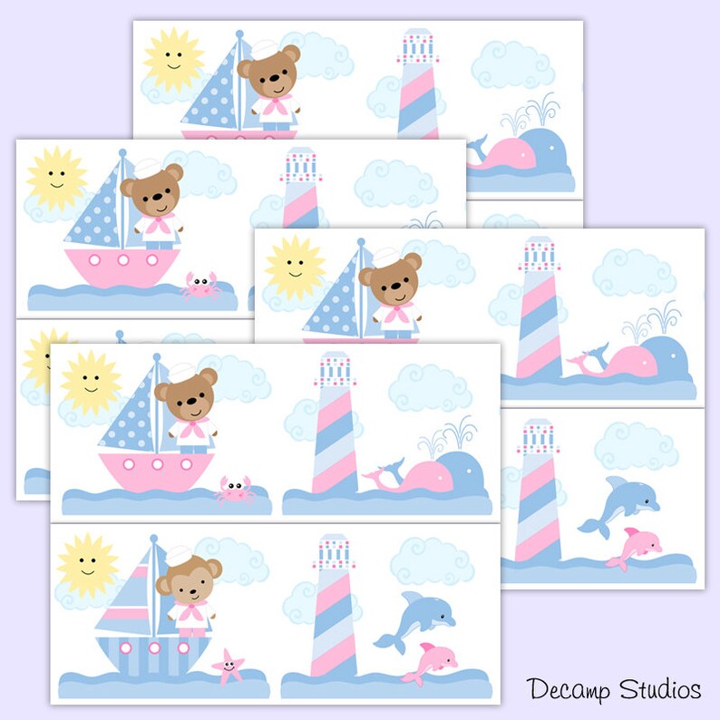 PINK NAUTICAL NURSERY Baby Girl Sailboat Wallpaper Border Wall Art Decal Kids Room Decor Lighthouse Whale Starfish Dolphin Teddy Bear Monkey