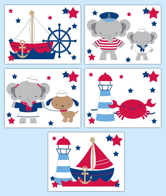 Nautical Nursery Prints Elephant Sailboat Boy Wall Art Room Etsy