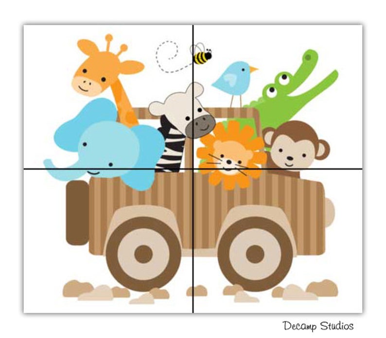Jungle Vehicle Transportation Monkey Elephant Giraffe Zebra SAFARI ANIMAL JEEP Decal Baby Girl Boy Nursery Wall Art Kids Room Stickers