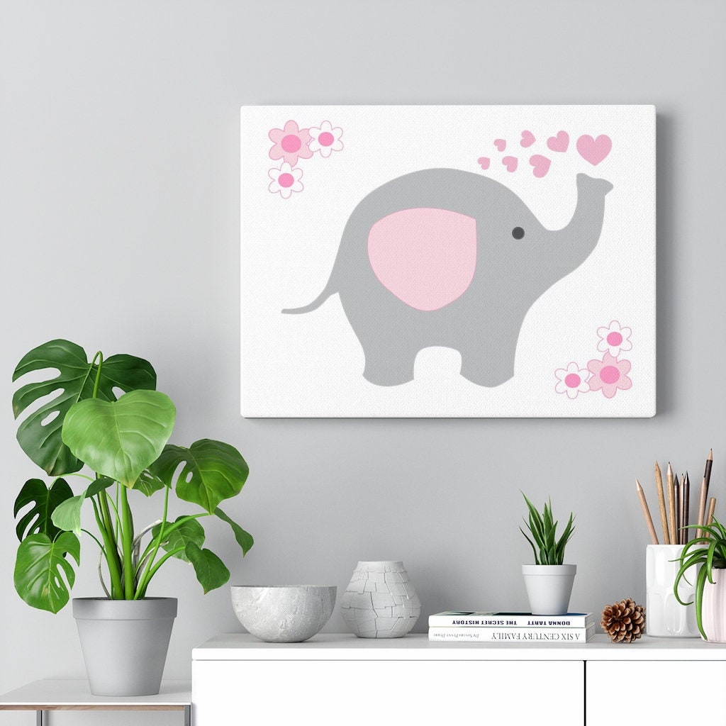 Pink Elephant Nursery Baby Girl Canvas Wall Art Room Decor Etsy