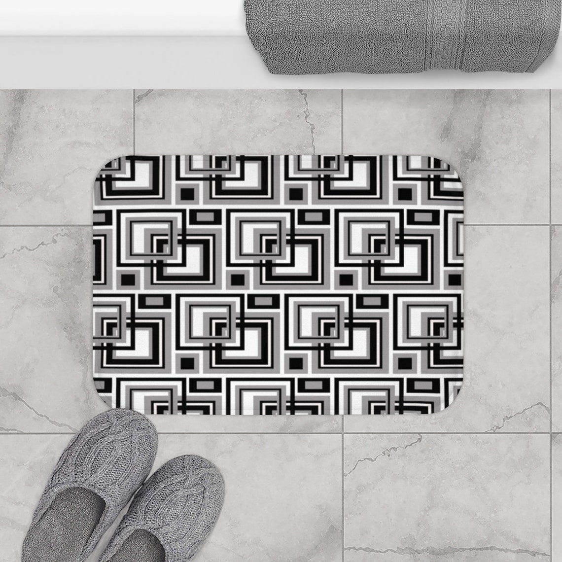 Black Gray Geometric Square Bathroom Bath Mat Rug Modern Etsy UK