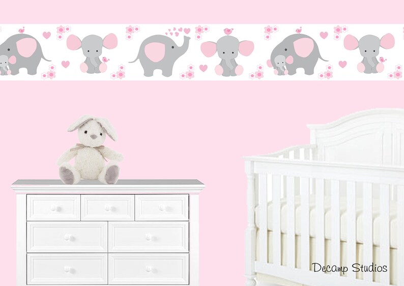 PINK GREY ELEPHANT Nursery Baby Girl Wallpaper Border Wall Etsy