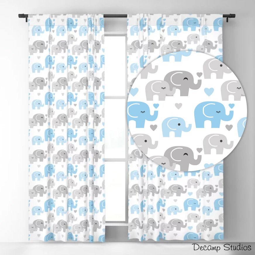 Elephant Nursery Curtains Blue Baby Boy Room Decor Blackout Etsy