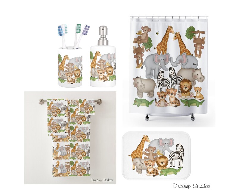 SAFARI ANIMALS BATHROOM Kids Shower Curtain Bath Towels Bath Etsy