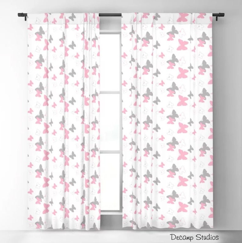 Pink Gray Butterfly Wings Nursery Window shops Curtians Baby Girl Bedroom Decor, Blackout Room Darkening Sheer Drapery Panels