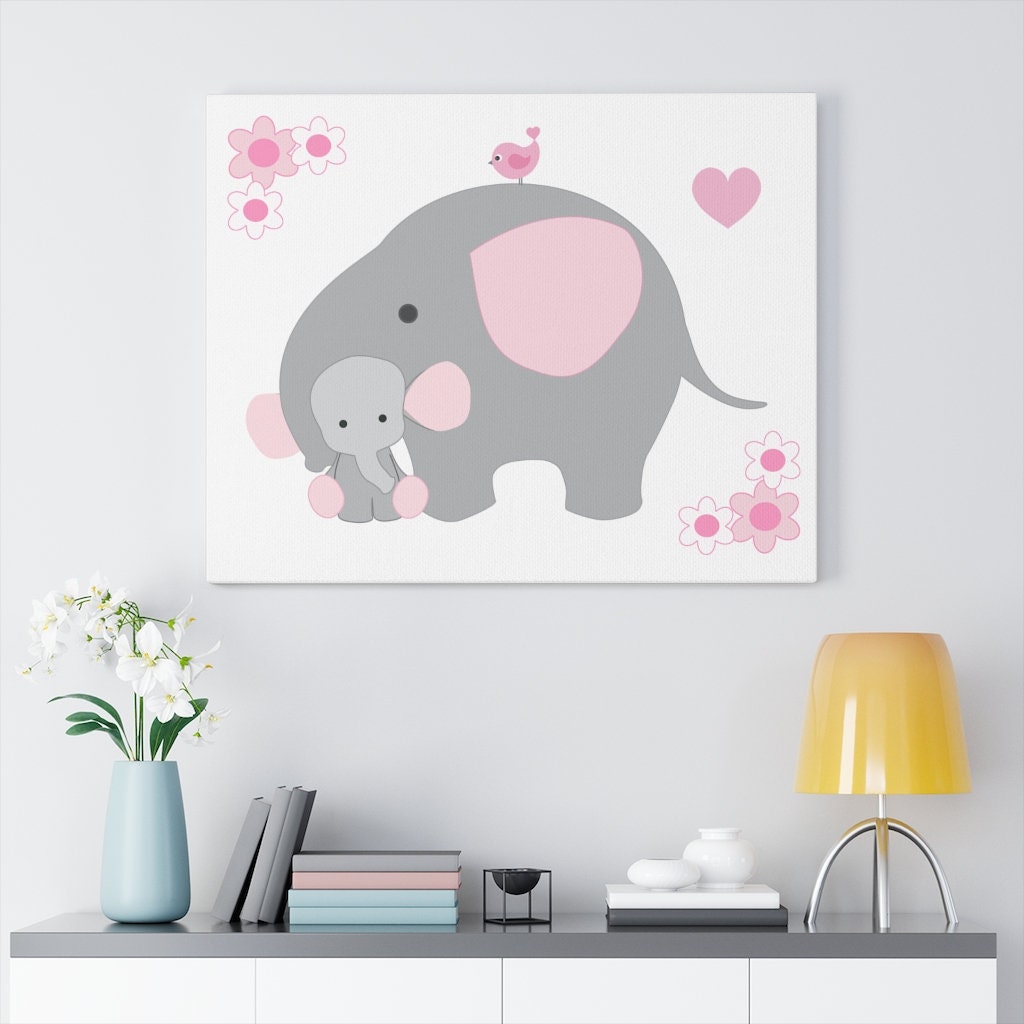 Pink Elephant Print Baby Girl Canvas Wall Art Nursery Decor Etsy