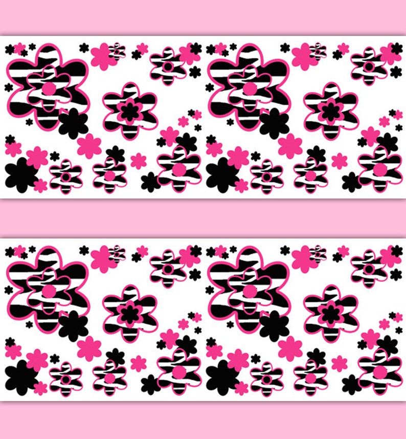 Hot Pink Zebra Animal Print Wallpaper Border Floral Wall Decal Girl Wall Art Stickers Room Decor Baby Nursery Teen Flower Bedroom Decoration