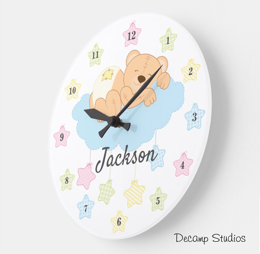 NURSERY WALL CLOCK Baby Girl Boy Personalized Sleepy Teddy Etsy