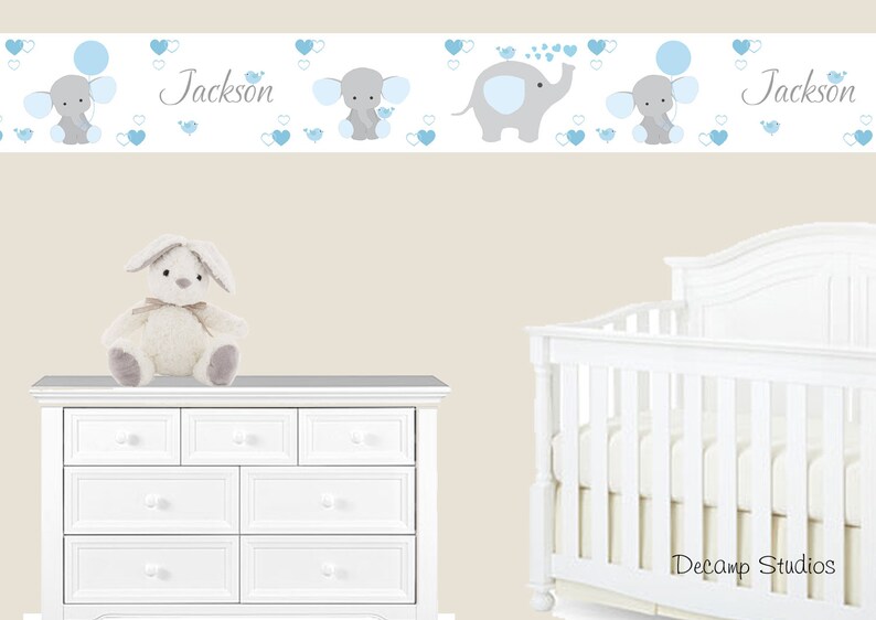 PERSONALIZED ELEPHANT NURSERY Baby Boy Blue Wallpaper Border Etsy
