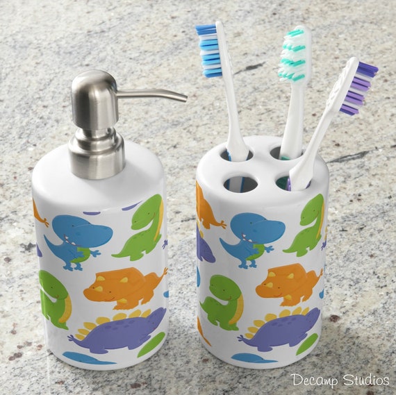 Dinosaur Bath Set Toothbrush Holder And Soap Dispenser For Boy Etsy