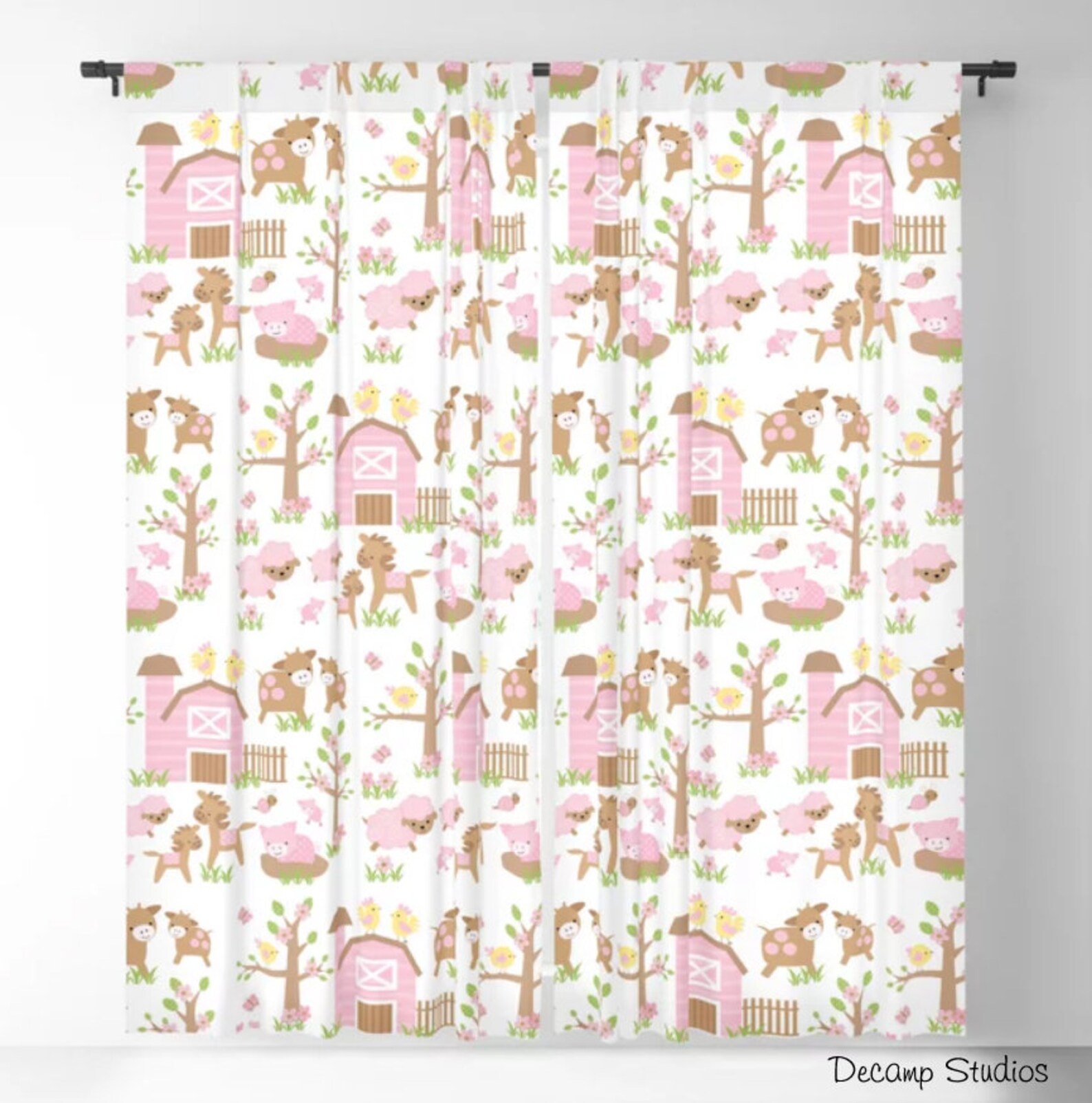 Pink Farm Animals Baby Girl Nursery Curtains Barnyard Bedroom Etsy