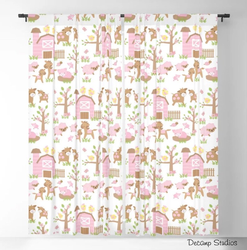 Pink Farm Animals Baby Girl Nursery Curtains Barnyard Bedroom Etsy