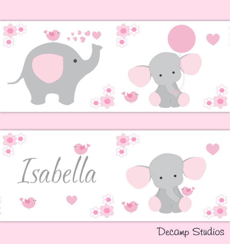PERSONALIZED BABY NURSERY Girl Pink Elephant Wallpaper Border Etsy