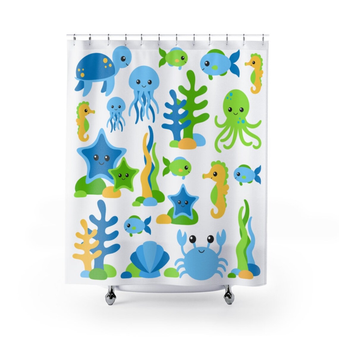 Sea Life Shower Curtain Kids Coastal Bathroom Decor Blue Etsy
