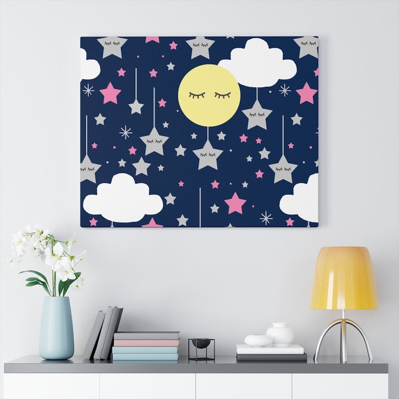 Moon Stars Clouds Nursery Print Baby Girl Canvas Wall Art Etsy