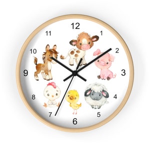 Farm Animals Nursery Wall Clock Baby Girl Boy Room Kids Barnyard Bedroom Childrens Decor, Horse Cow Chicken Sheep, New Mom To Be Shower Gift