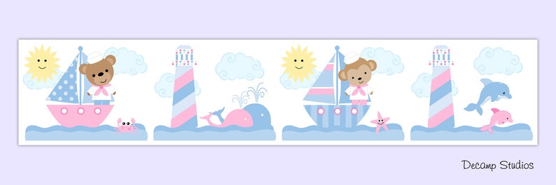 PINK NAUTICAL NURSERY Baby Girl Sailboat Wallpaper Border Wall Art Decal Kids Room Decor Lighthouse Whale Starfish Dolphin Teddy Bear Monkey