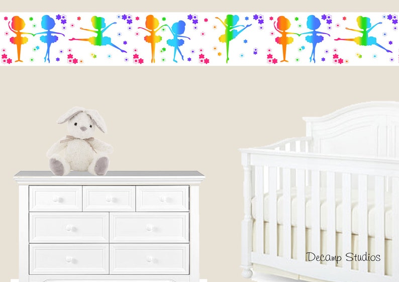 BALLERINA GIRLS ROOM Rainbow Wallpaper Border Wall Art Decals Kids Ballet Tutu Silhouette Floral Stickers Decor Girls Room Wall Art Decor