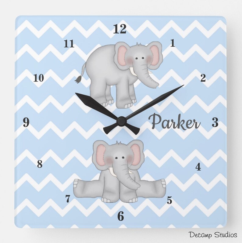 Safari Nursery Clock Baby Boy Elephant Blue Personalized Etsy